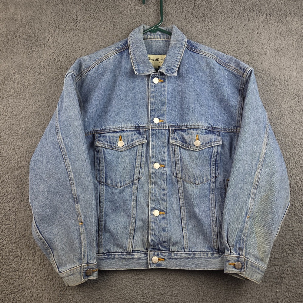 Eddie Bauer Denim Jacket Men's Extra Small Blue Jean Trucker Faded Stained